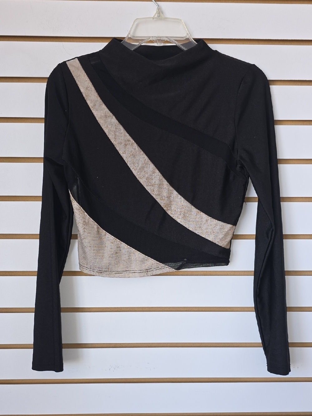 love J Cropped Long Sleeve Top Metallic Gold & Black Mesh Accent Stripes